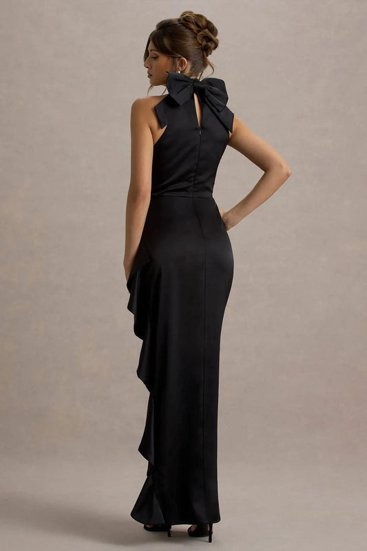 Dramatic Mermaid Halter Neck Sleeveless Bow Accent Ruffled High Slit Floor Length Prom Dress by YiHuiw