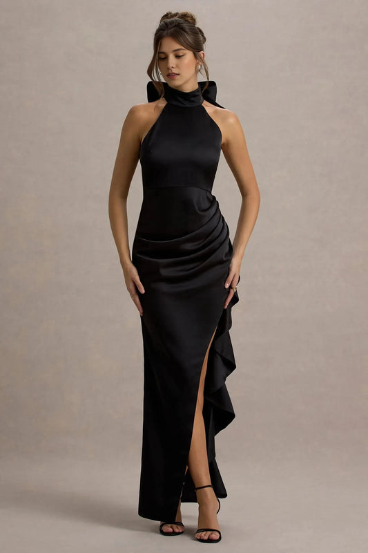 Dramatic Mermaid Halter Neck Sleeveless Bow Accent Ruffled High Slit Floor Length Prom Dress by YiHuiw