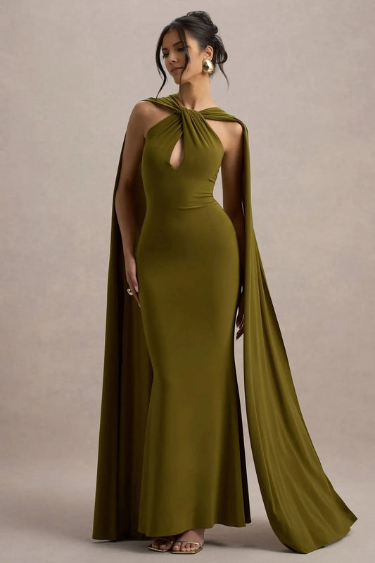 Dramatic Mermaid Knot Neck Cape Sleeve Open Back Floor Length Prom Dress by YiHuiw
