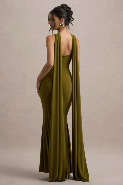Dramatic Mermaid Knot Neck Cape Sleeve Open Back Floor Length Prom Dress by YiHuiw