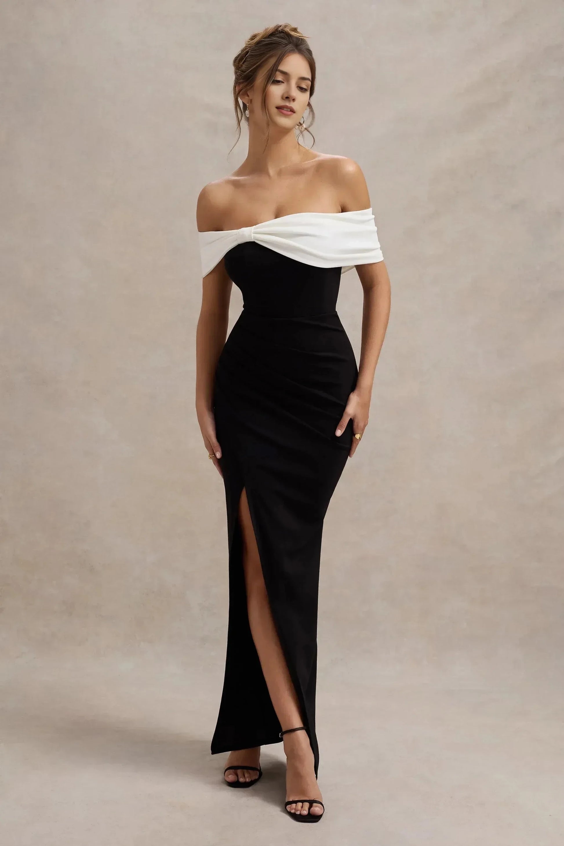 Dramatic Mermaid Off Shoulder Knot Accent Sleeveless High Slit Floor Length Prom Dress by YiHuiw