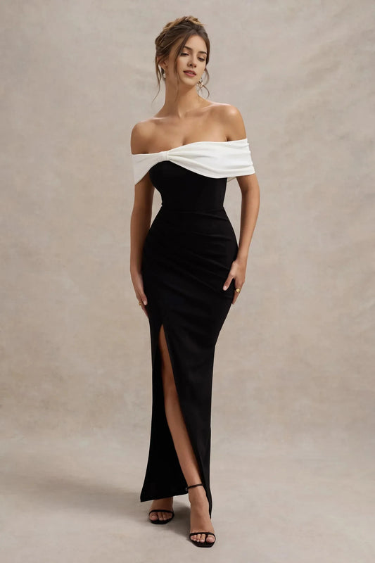 Dramatic Mermaid Off Shoulder Knot Accent Sleeveless High Slit Floor Length Prom Dress by YiHuiw