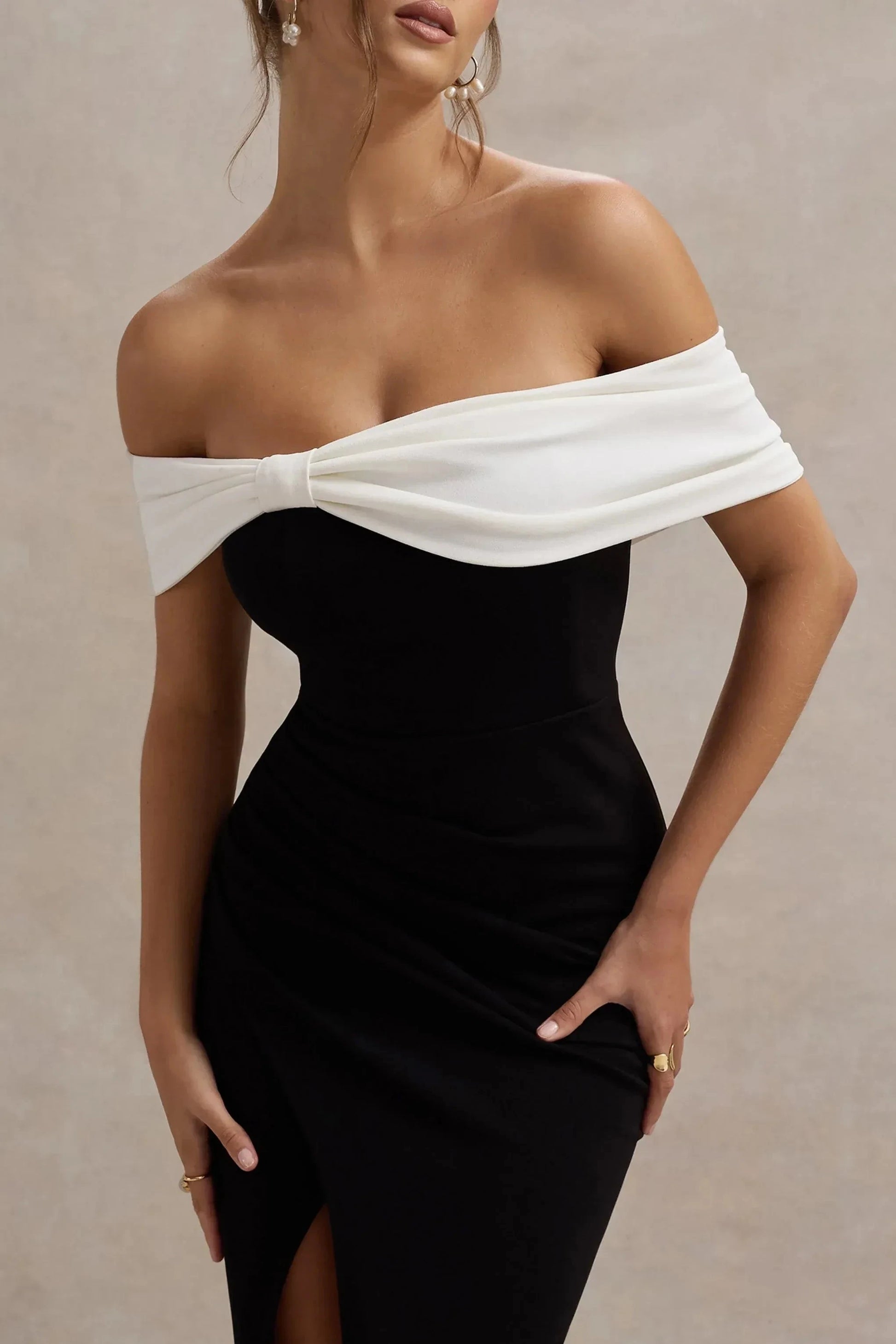 Dramatic Mermaid Off Shoulder Knot Accent Sleeveless High Slit Floor Length Prom Dress by YiHuiw