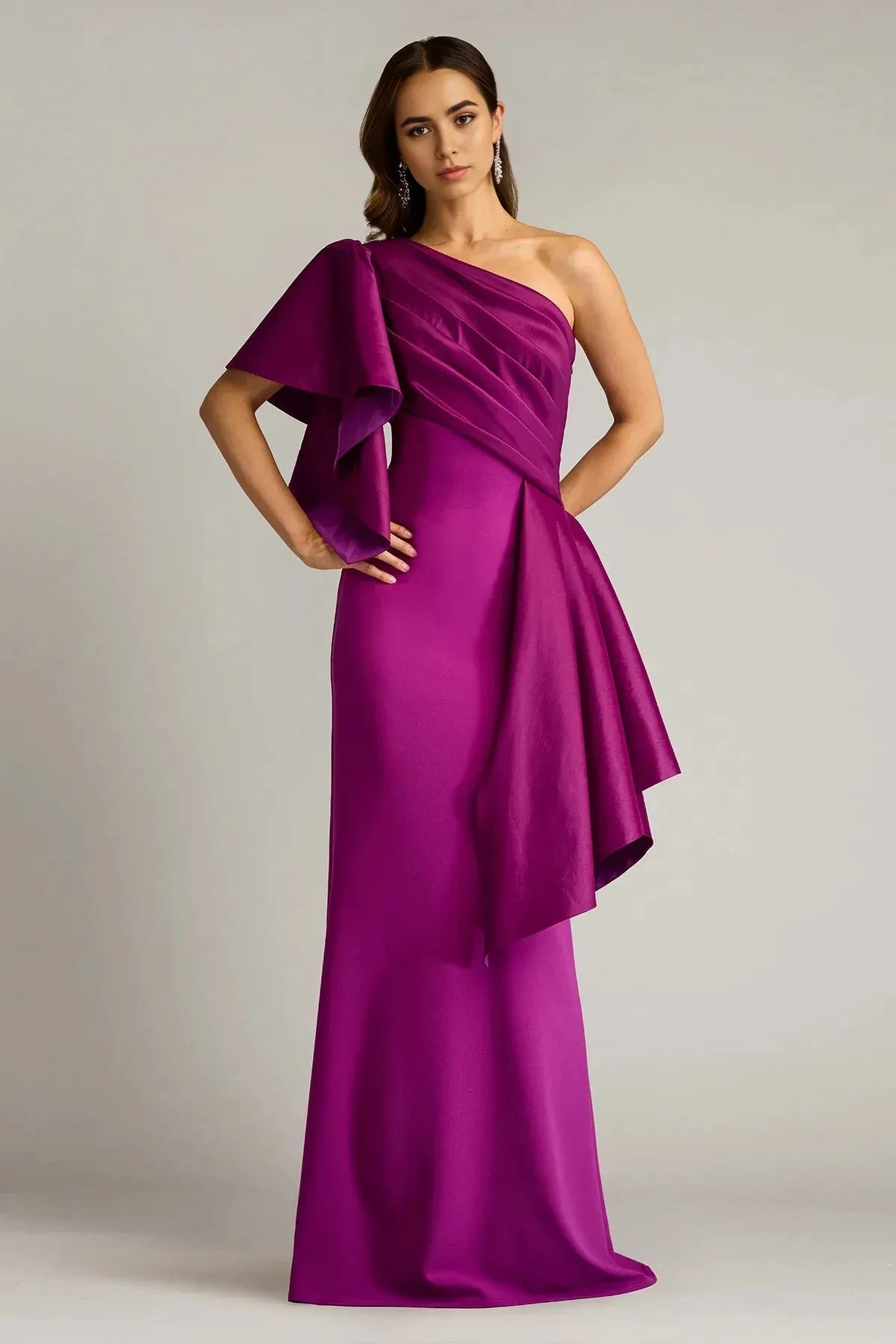Dramatic Sheath One Shoulder Ruffled Sleeve Ruched Back Floor Length Prom Dress by YiHuiw