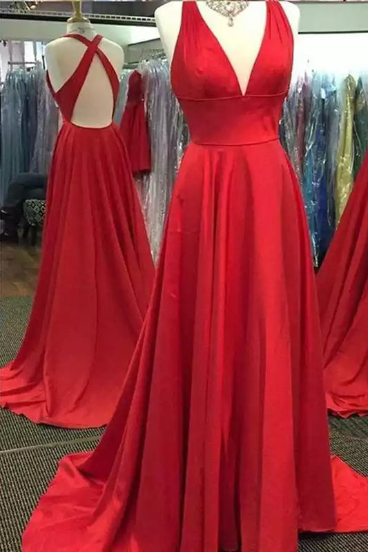 Dramatic Red Satin A-Line Dress with Plunge V-Neck & Criss-Cross Back