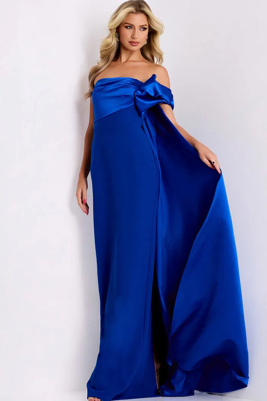 Dramatic Royal Blue Satin Evening Dress with One-Shoulder Bow, Oversized Cape Overlay and High Slit