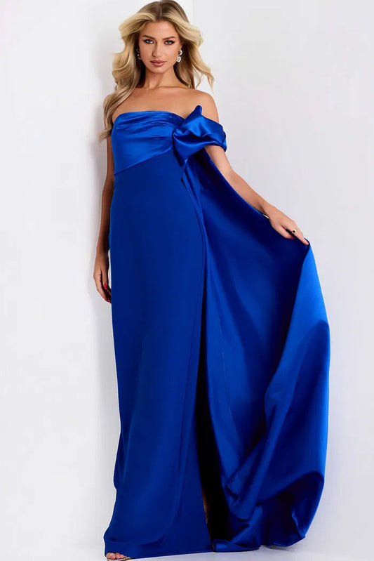 Dramatic Royal Blue Satin Evening Dress with One-Shoulder Bow, Oversized Cape Overlay and High Slit