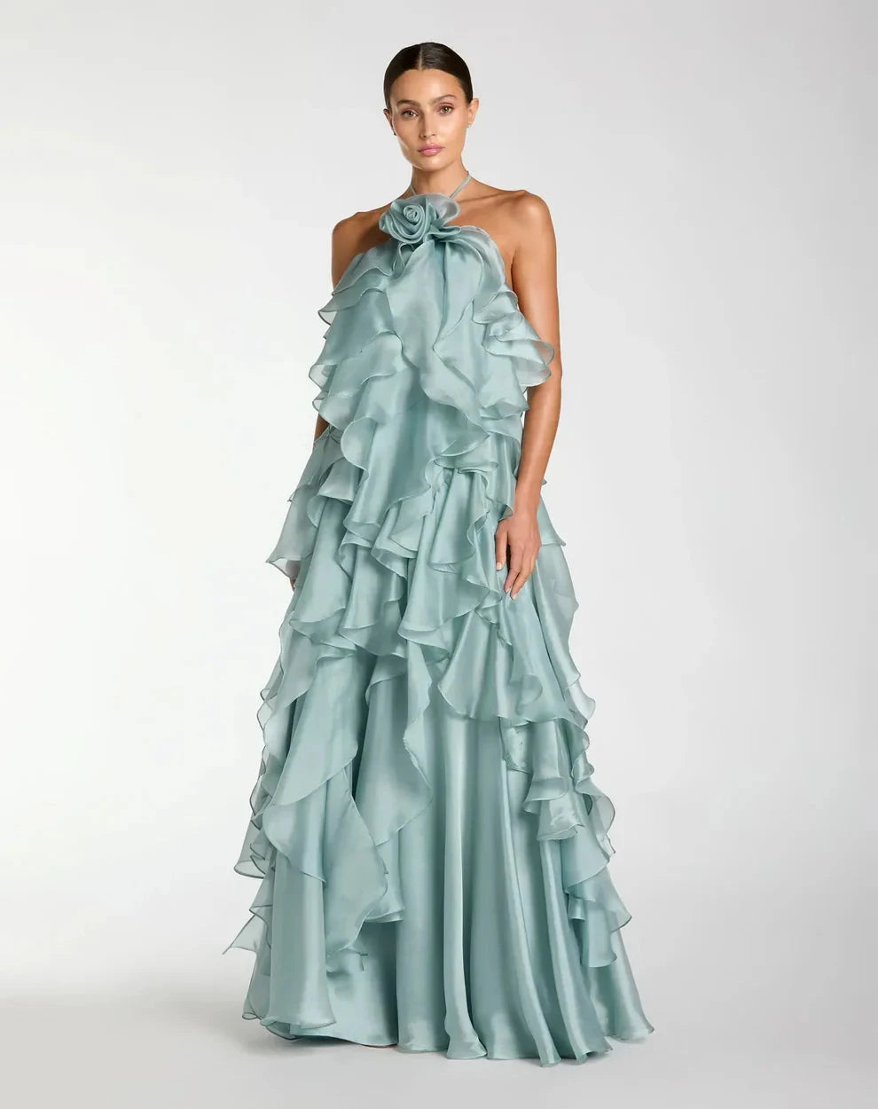 Dramatic Voluminous Halter Neck Sleeveless Open Back Ruffled Organza Maxi Evening Dress by LANQI DRESS