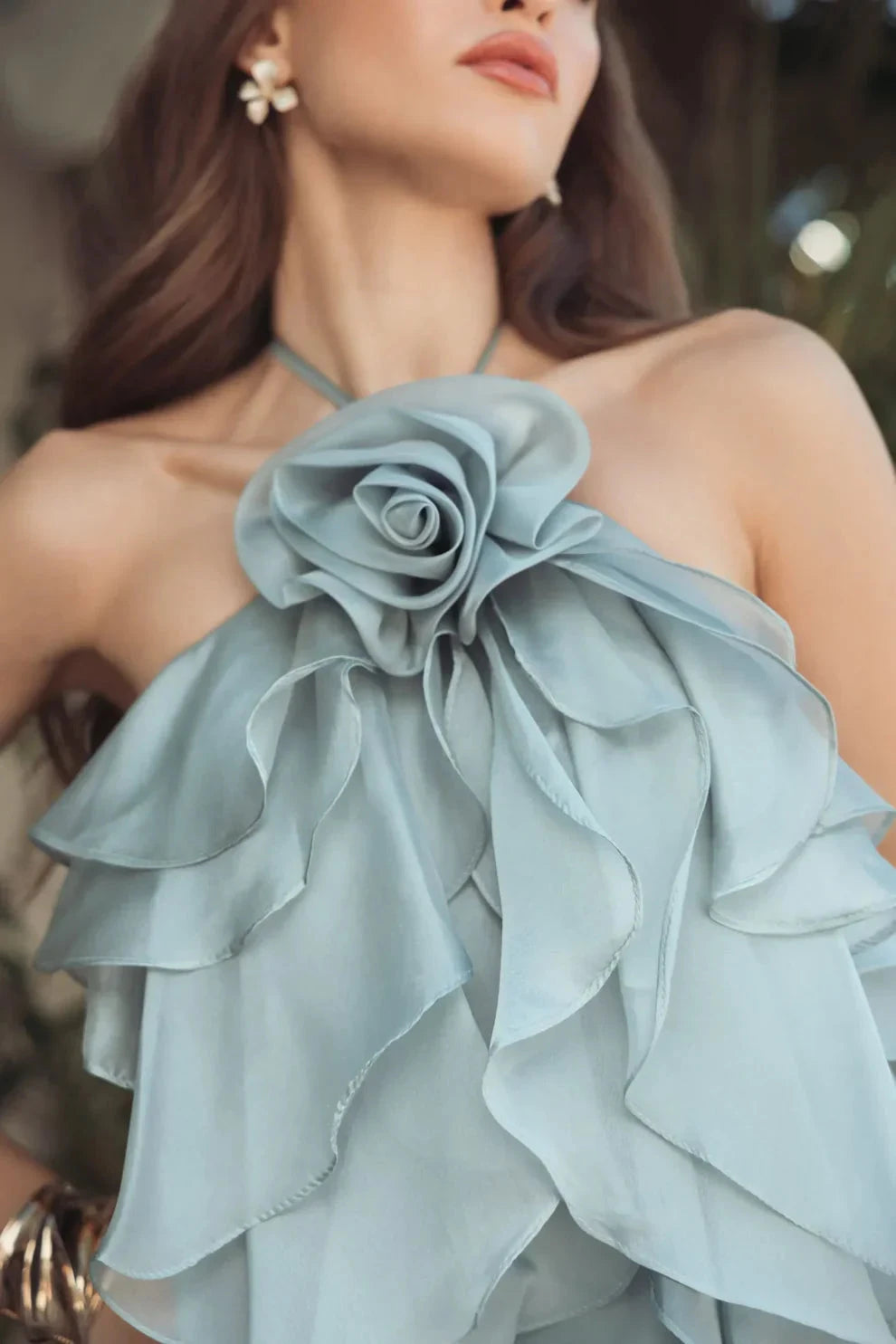 Dramatic Voluminous Halter Neck Sleeveless Open Back Ruffled Organza Maxi Evening Dress by LANQI DRESS