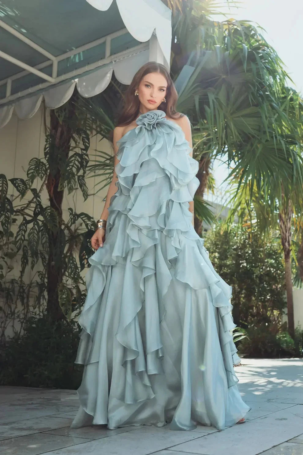 Dramatic Voluminous Halter Neck Sleeveless Open Back Ruffled Organza Maxi Evening Dress by LANQI DRESS