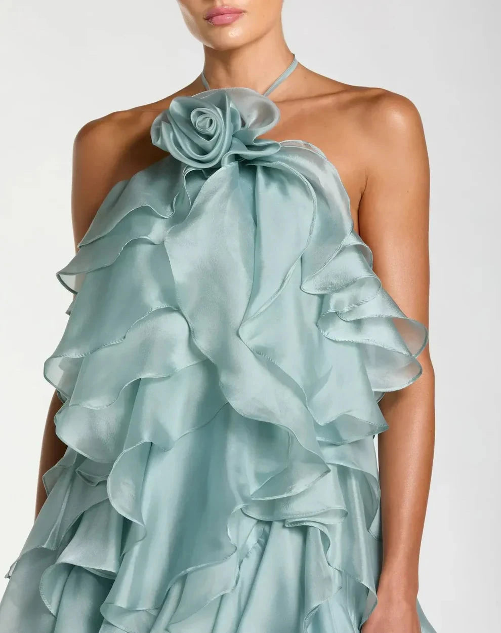 Dramatic Voluminous Halter Neck Sleeveless Open Back Ruffled Organza Maxi Evening Dress by LANQI DRESS