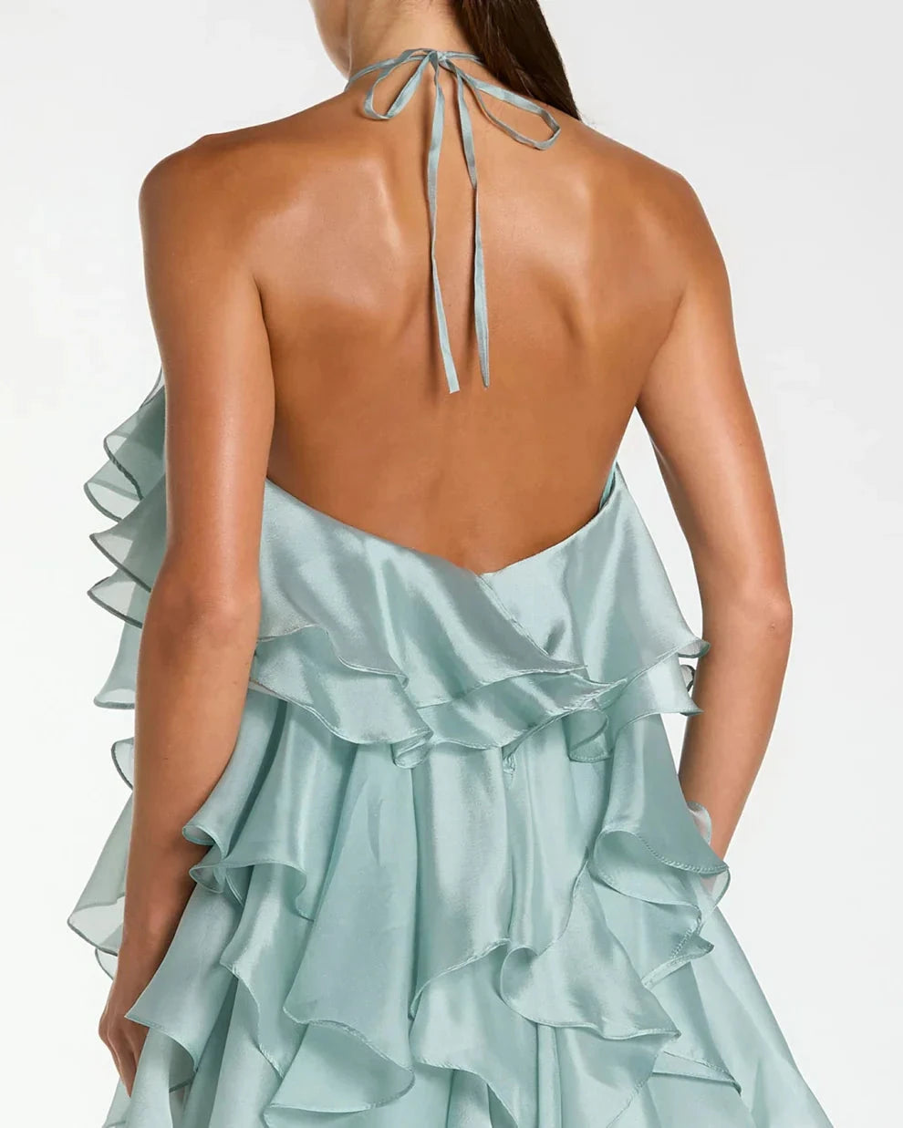 Dramatic Voluminous Halter Neck Sleeveless Open Back Ruffled Organza Maxi Evening Dress by LANQI DRESS