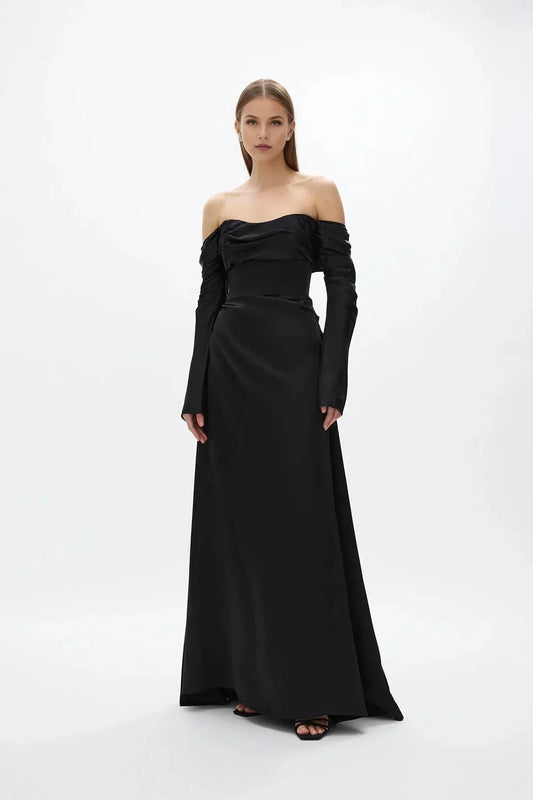 Draped A Line Off the Shoulder Long Sleeve Zipper Back Train Floor Length Hot sale Prom Dress by YiHuiw