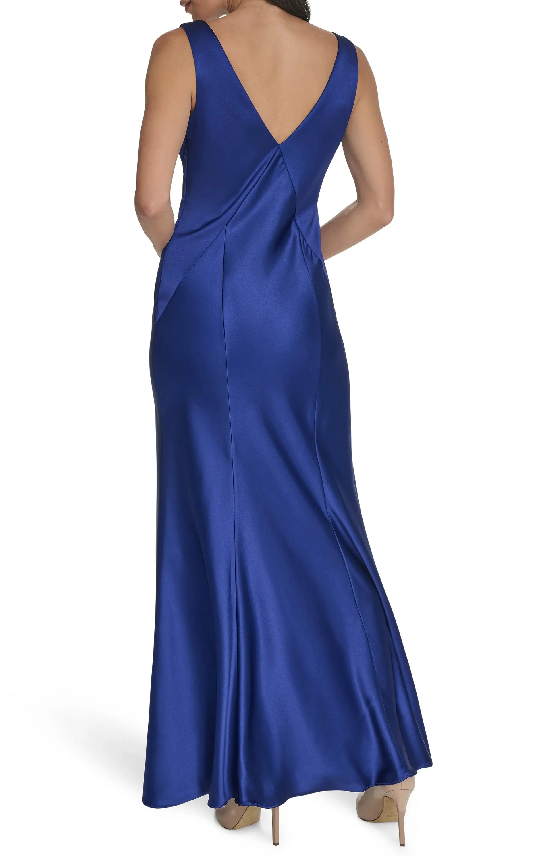 Draped Column Deep V Neck Sleeveless V Back Floor Length For Adults Evening Dress by YiHuiw