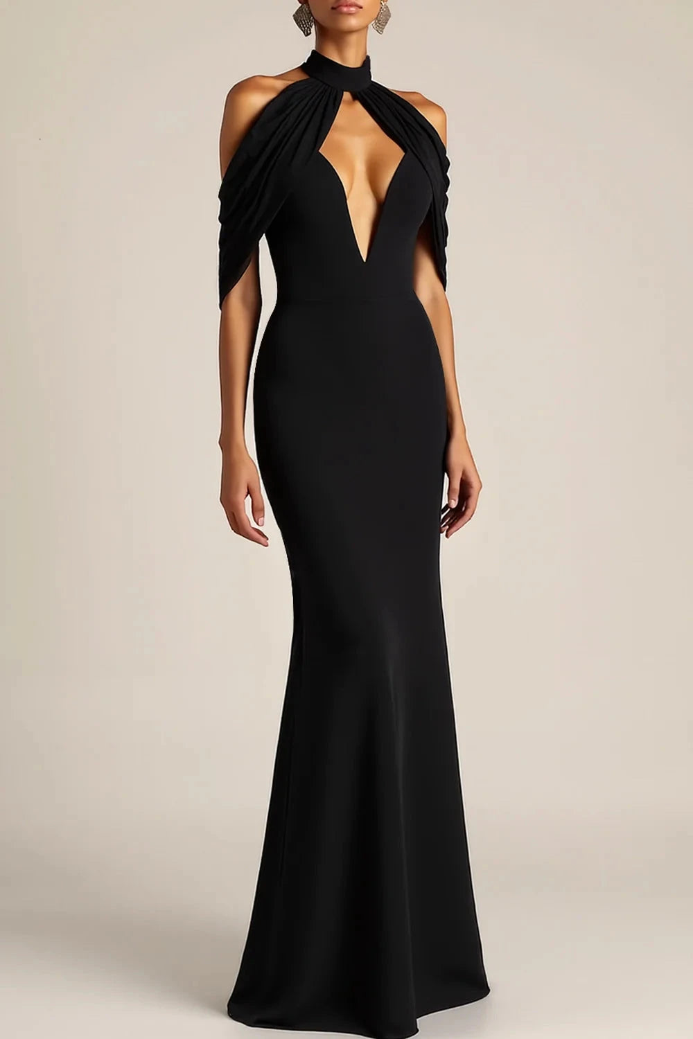 Draped Halter Mermaid Deep V Neck Sleeveless Open Back Floor Length Hot Sale Evening Dress by YiHuiw