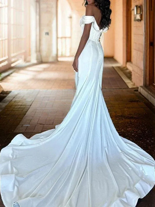 Mermaid Off-Shoulder Satin Lace-Up Back High Slit Wedding Dress - Yihuiw by Yihuiw