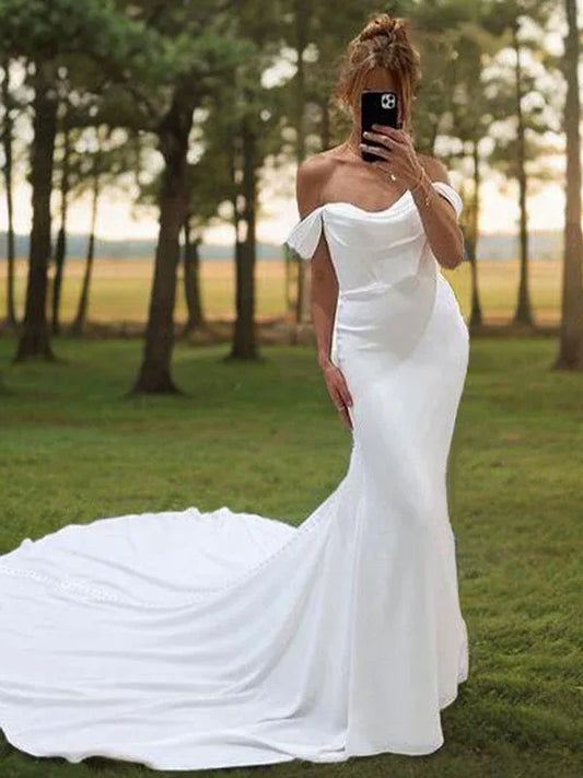 Mermaid Off-Shoulder Chiffon Draped Floor-Length Wedding Dress - Yihuiw by Yihuiw