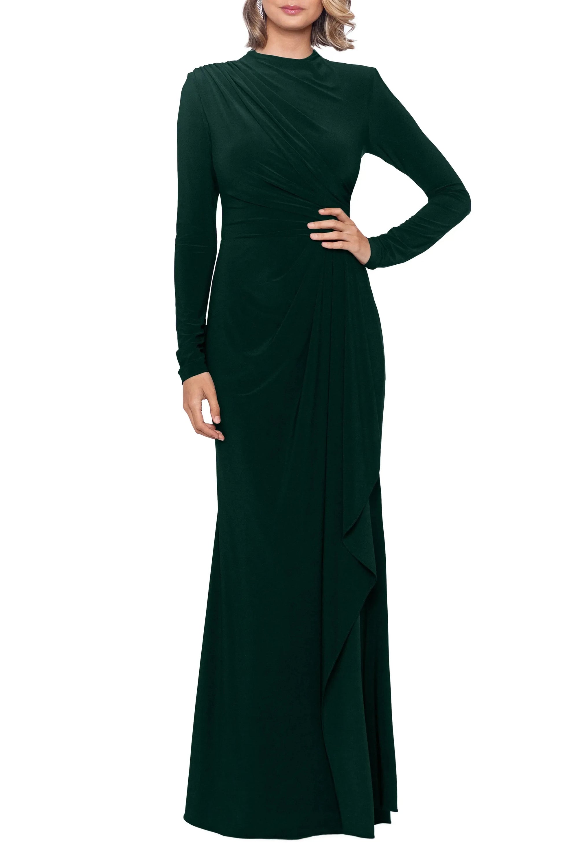 Draped Overlay Trumpet Mock Neck Long Sleeve Zipper Back Floor Length Female Evening Dress by YiHuiw