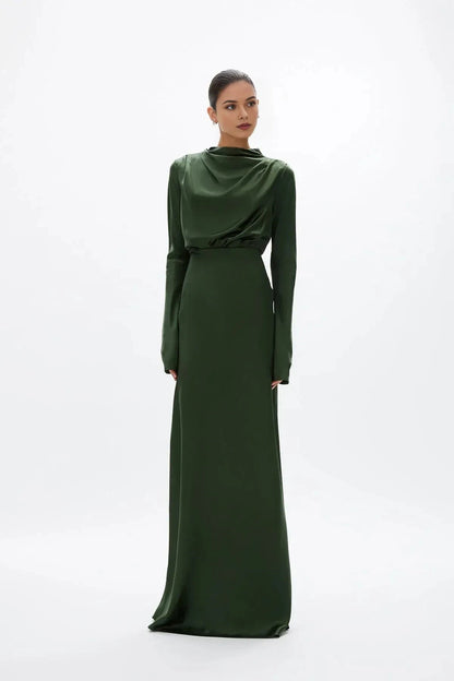 Draped Sheath Cowl Neck Long Sleeve Zipper Back Floor Length For Sale Prom Dress by YiHuiw