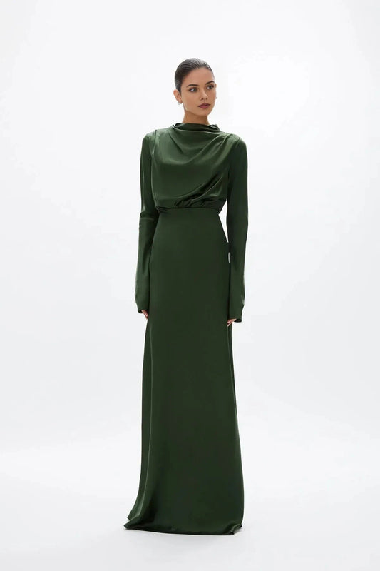 Draped Sheath Cowl Neck Long Sleeve Zipper Back Floor Length For Sale Prom Dress by YiHuiw