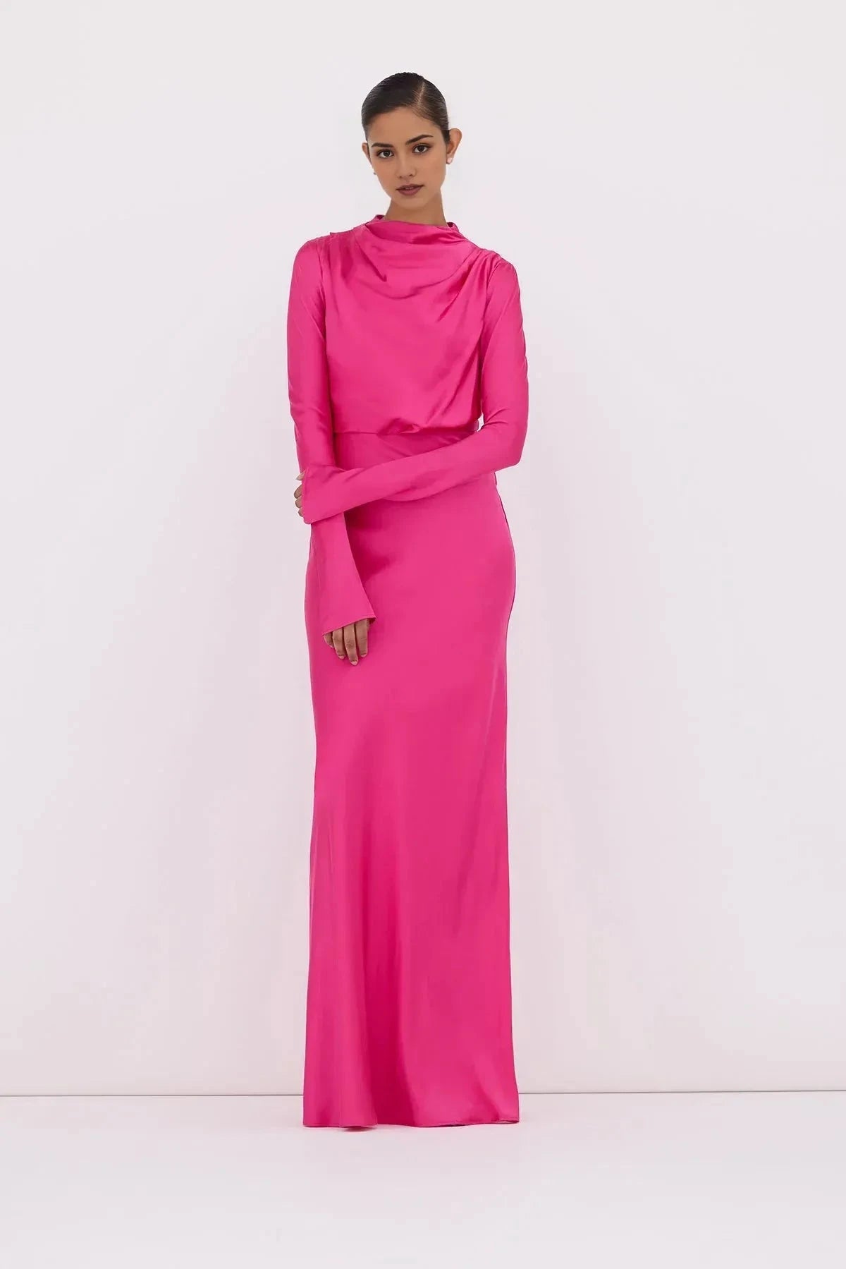 Draped Sheath Cowl Neck Long Sleeve Zipper Back Train Floor Length Hot sale Prom Dress by YiHuiw