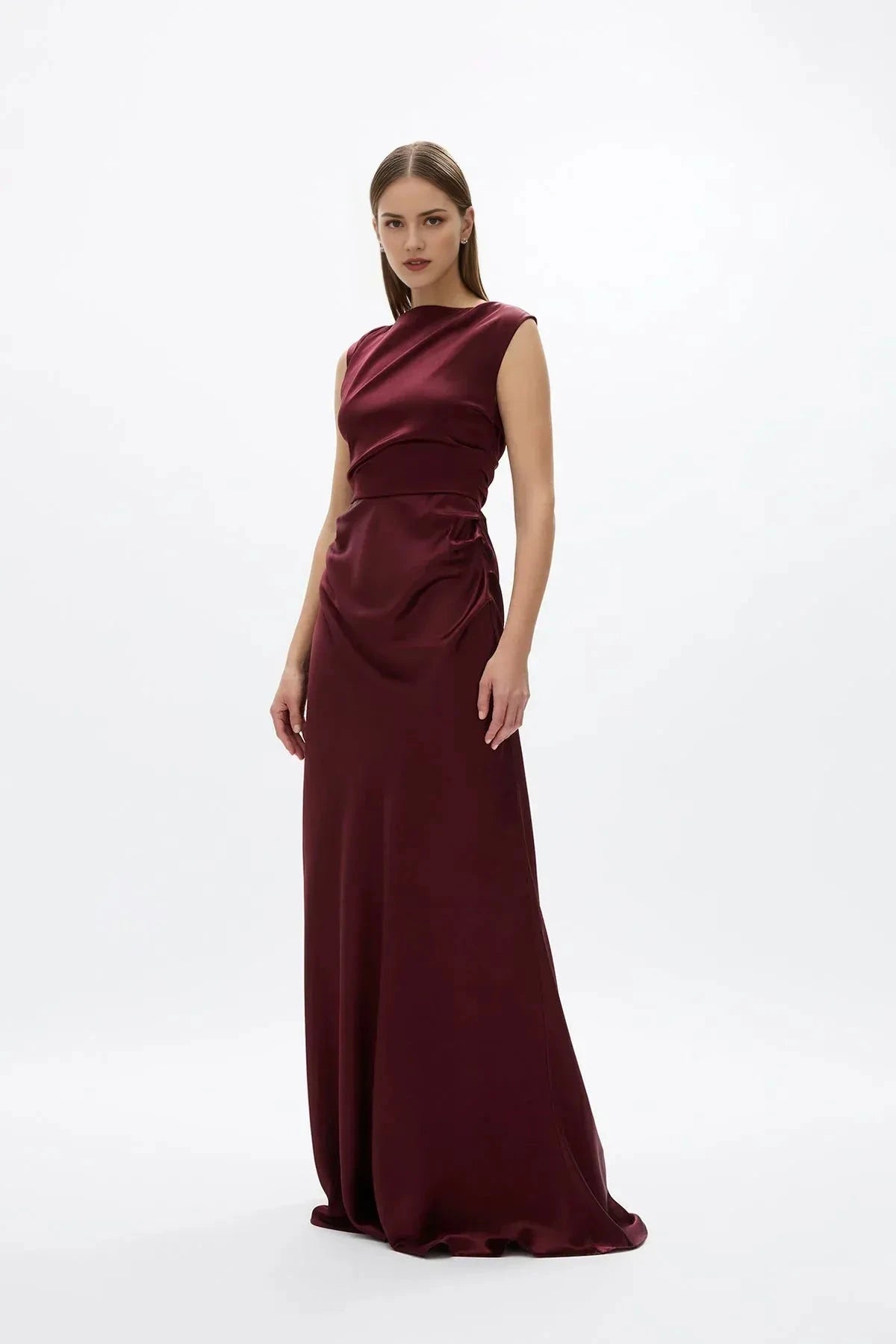 Draped Sheath Crew Neck Sleeveless Zipper Back Train Floor Length For Ladies Prom Dress by YiHuiw