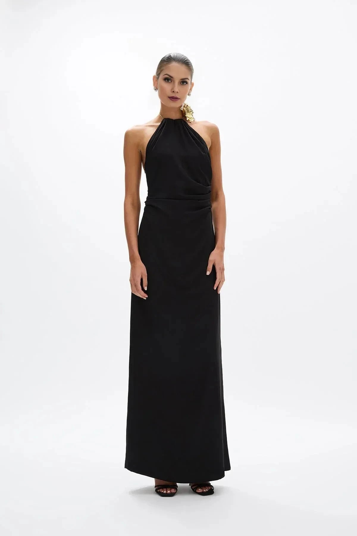 Draped Sheath Halter Neck Sleeveless Chain Back High Slit Floor Length Hot sale Prom Dress by YiHuiw