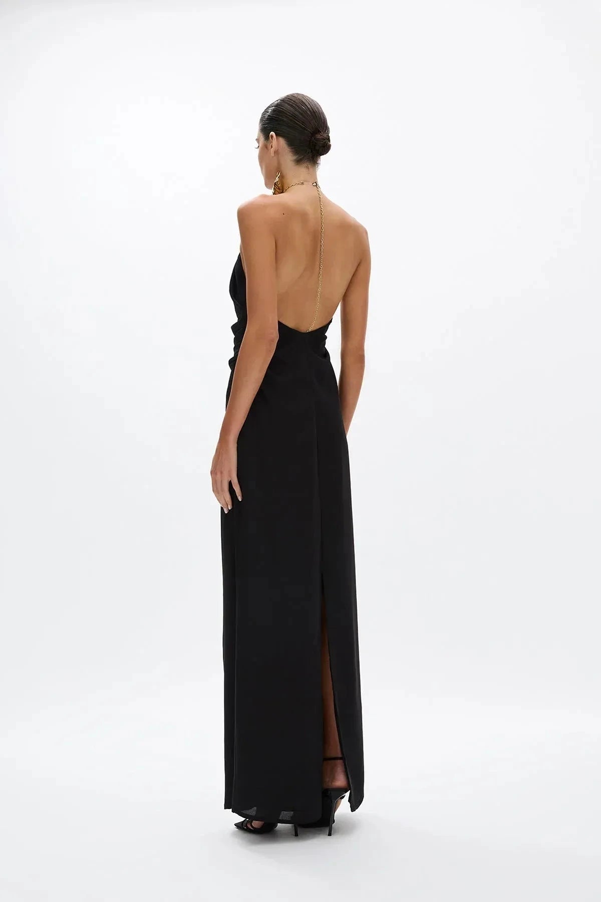 Draped Sheath Halter Neck Sleeveless Chain Back High Slit Floor Length Hot sale Prom Dress by YiHuiw
