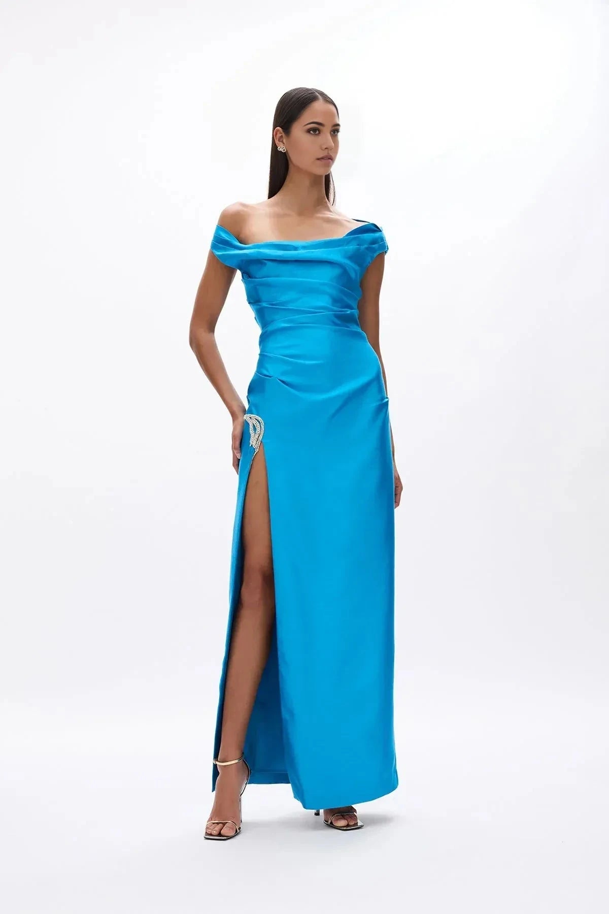 Draped Sheath Off the Shoulder Sleeveless Cutout Back High Slit Floor Length For Sale Evening Dress by YiHuiw
