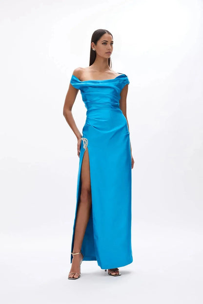 Draped Sheath Off the Shoulder Sleeveless Cutout Back High Slit Floor Length For Sale Evening Dress by YiHuiw