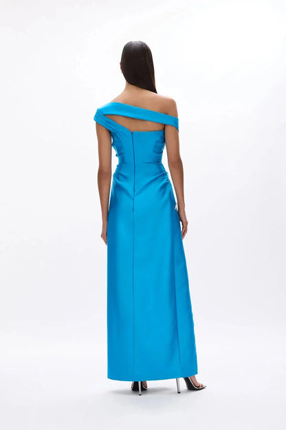 Draped Sheath Off the Shoulder Sleeveless Cutout Back High Slit Floor Length For Sale Evening Dress by YiHuiw