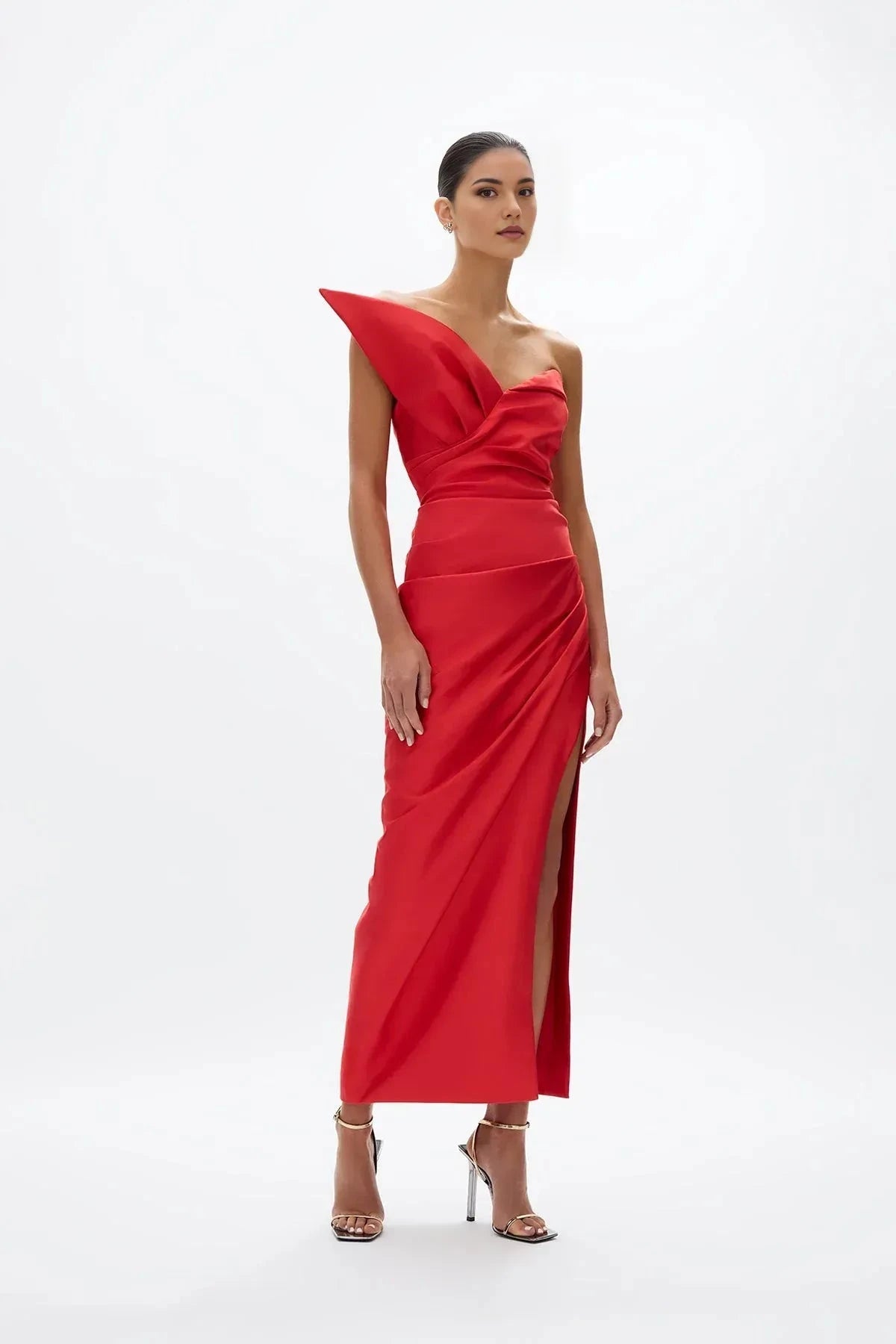 Draped Sheath One Shoulder Sleeveless Zipper Back High Slit Midi Length For Women Prom Dress by YiHuiw