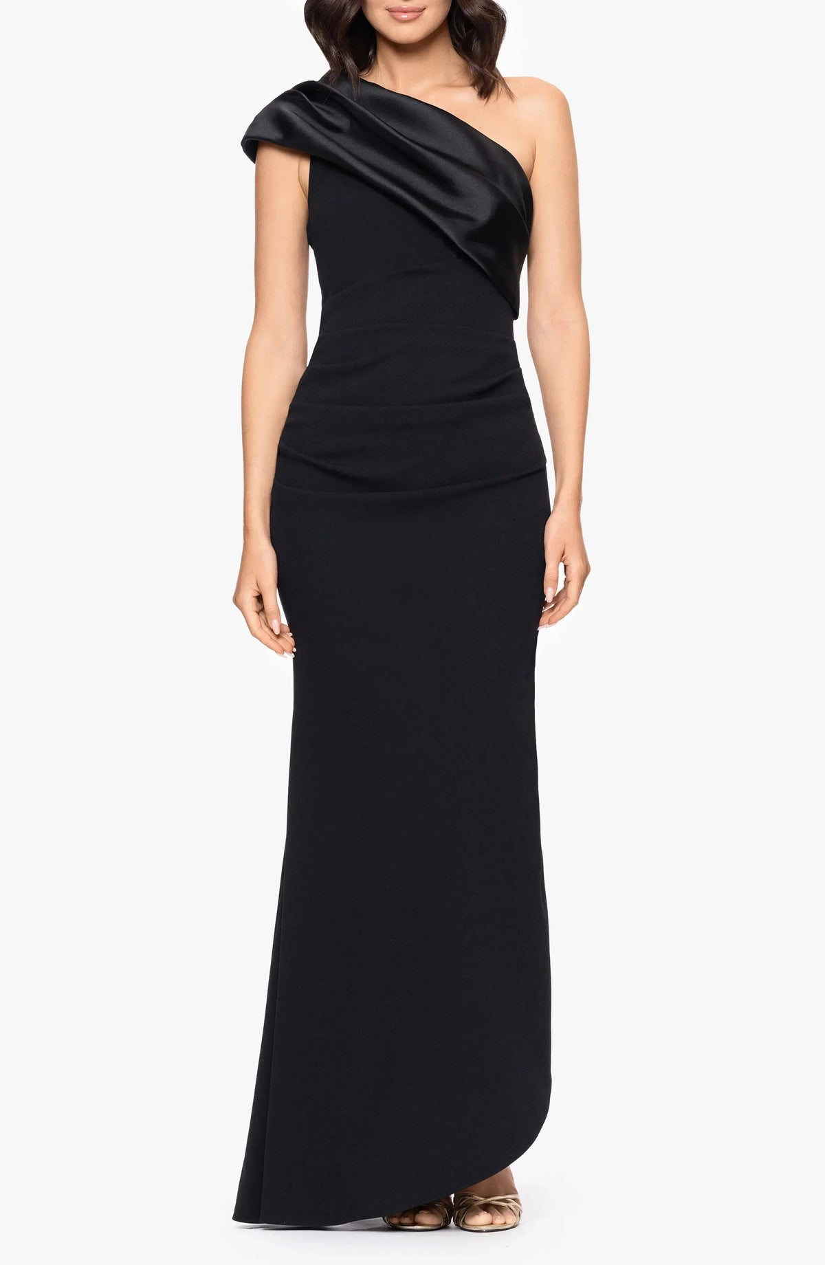 Draped Shoulder Trumpet One Shoulder Sleeveless Open Back High Low Floor Length Evening Dress by YiHuiw