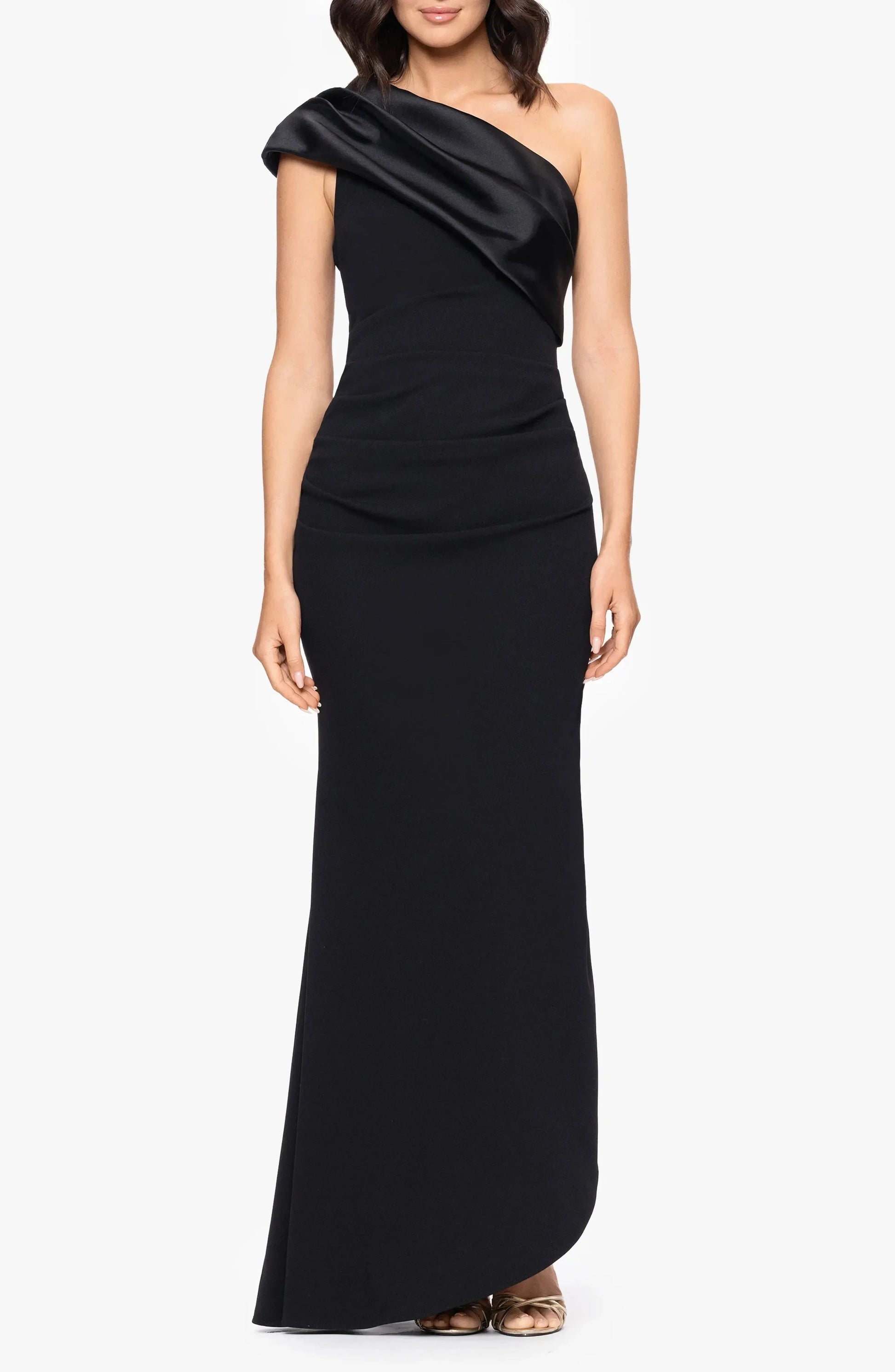 Draped Shoulder Trumpet One Shoulder Sleeveless Open Back High Low Floor Length Evening Dress by YiHuiw