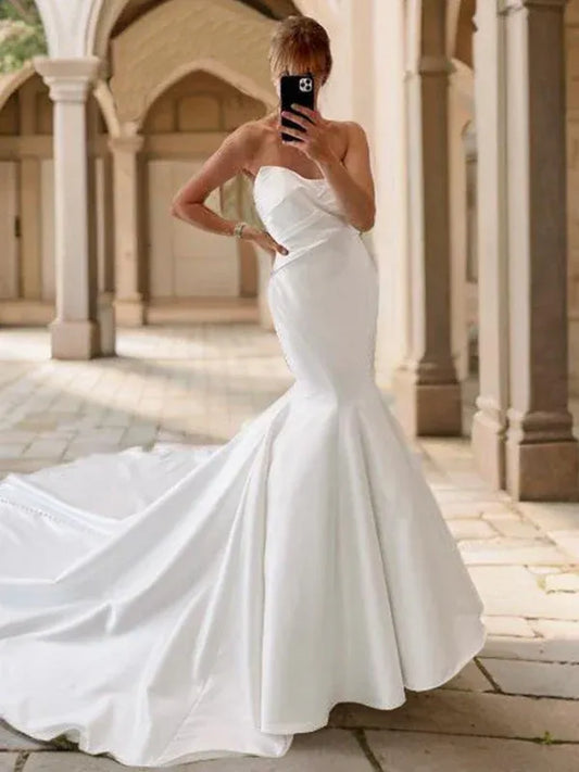 Mermaid Sweetheart Satin Draped Floor-Length Wedding Dress - Yihuiw by Yihuiw