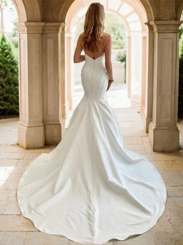 Mermaid Sweetheart Satin Draped Floor-Length Wedding Dress - Yihuiw by Yihuiw