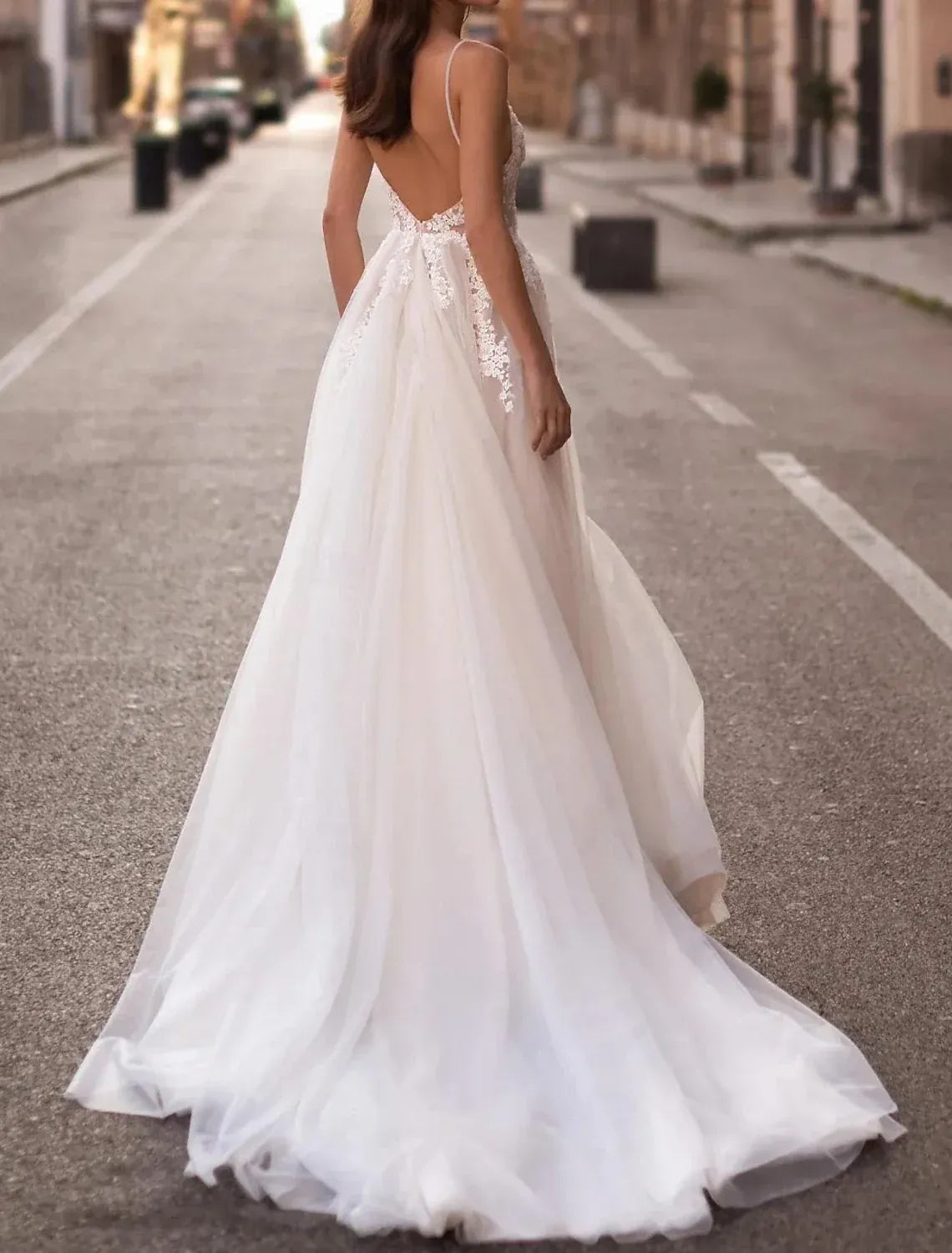 A-Line Spaghetti Strap Open Back High Slit Wedding Dress - Yihuiw by Yihuiw