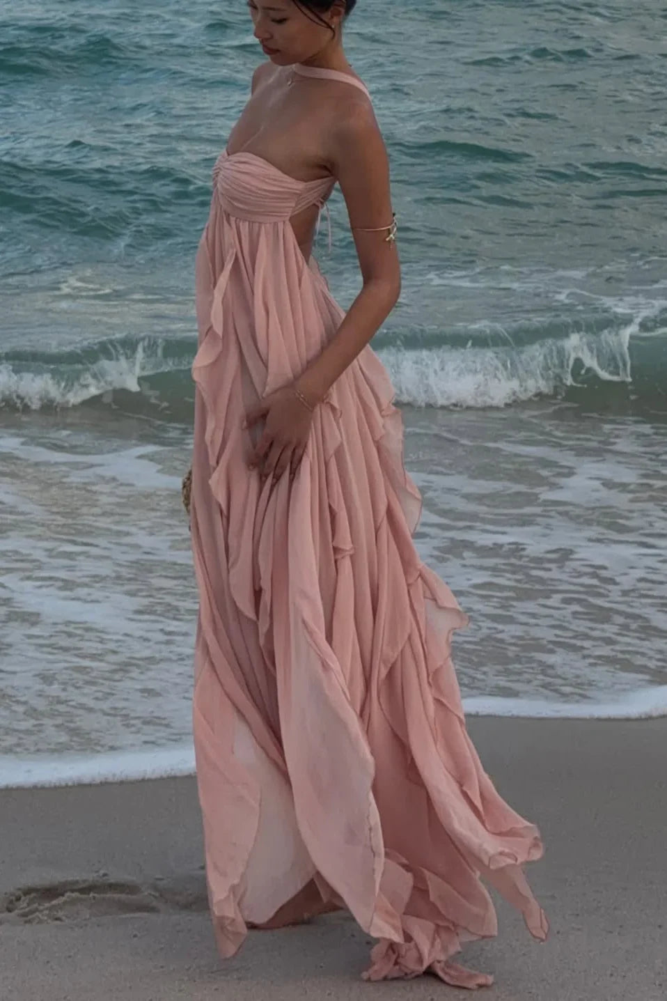 Halter Ruffled Floor-Length Wedding Dress - Yihuiw by Yihuiw