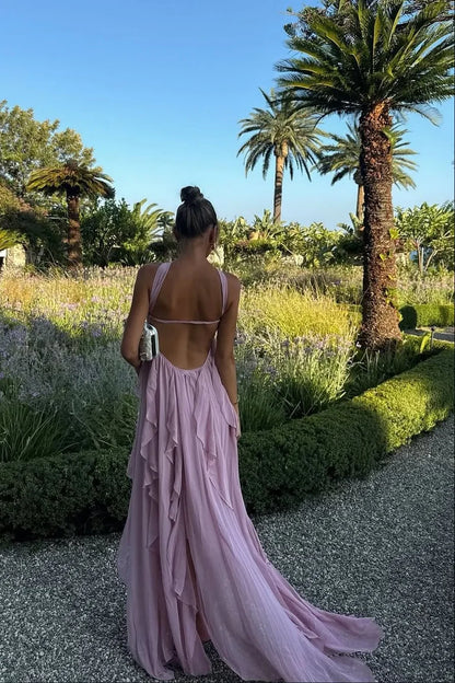 Halter Ruffled Floor-Length Wedding Dress - Yihuiw by Yihuiw
