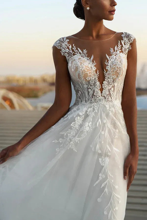 A-Line Illusion Floor-Length Wedding Dress - Yihuiw by Yihuiw