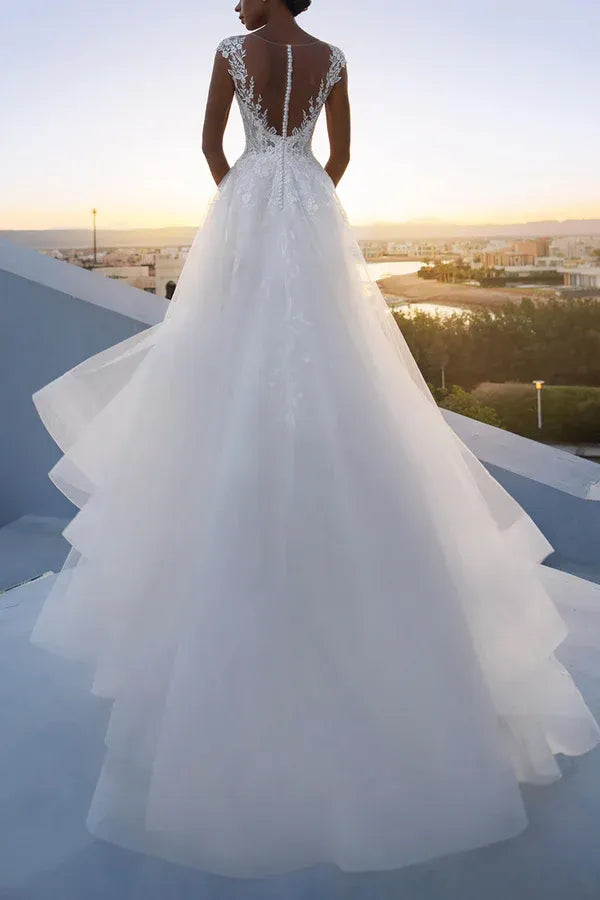 A-Line Illusion Floor-Length Wedding Dress - Yihuiw by Yihuiw