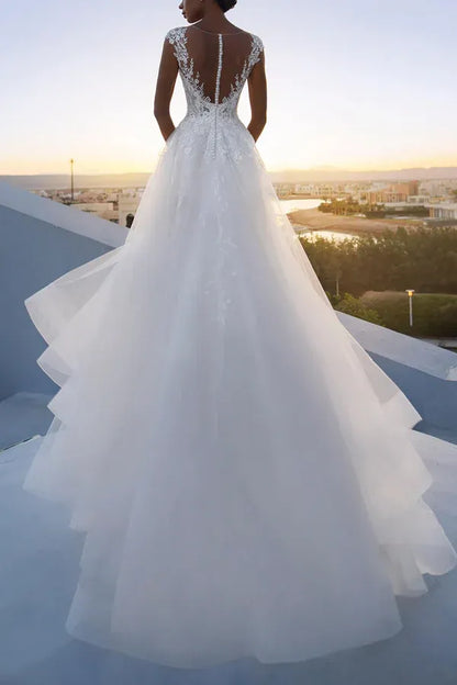 A-Line Illusion Floor-Length Wedding Dress - Yihuiw by Yihuiw