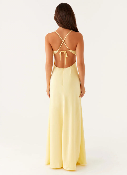 Dreamy A-Line V Neck Sleeveless Keyhole Cross-Back Floor-Length Prom Dress