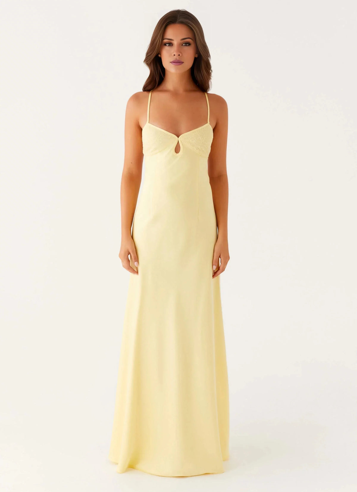 Dreamy A-Line V Neck Sleeveless Keyhole Cross-Back Floor-Length Prom Dress by YiHuiw