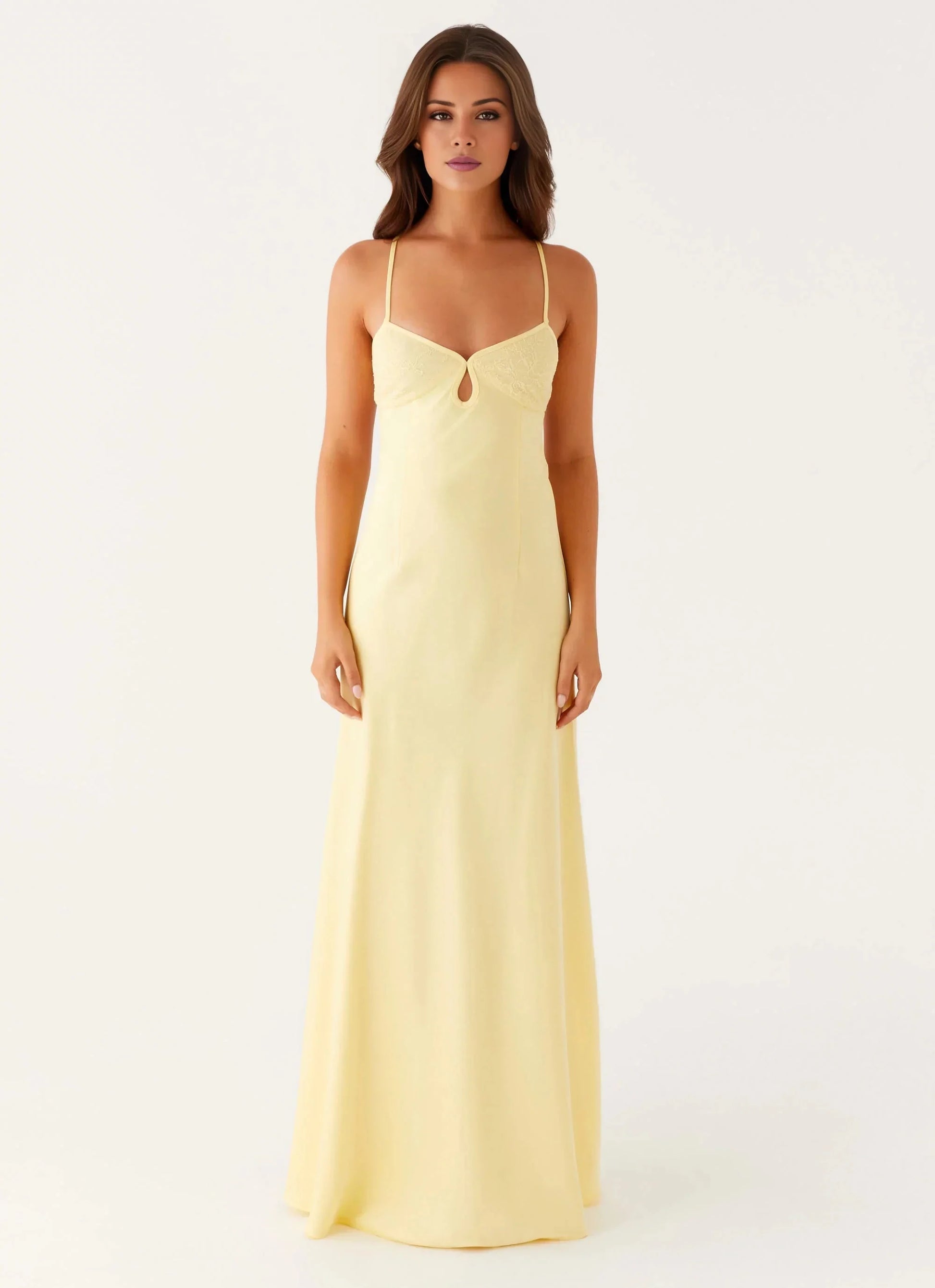 Dreamy A-Line V Neck Sleeveless Keyhole Cross-Back Floor-Length Prom Dress by YiHuiw