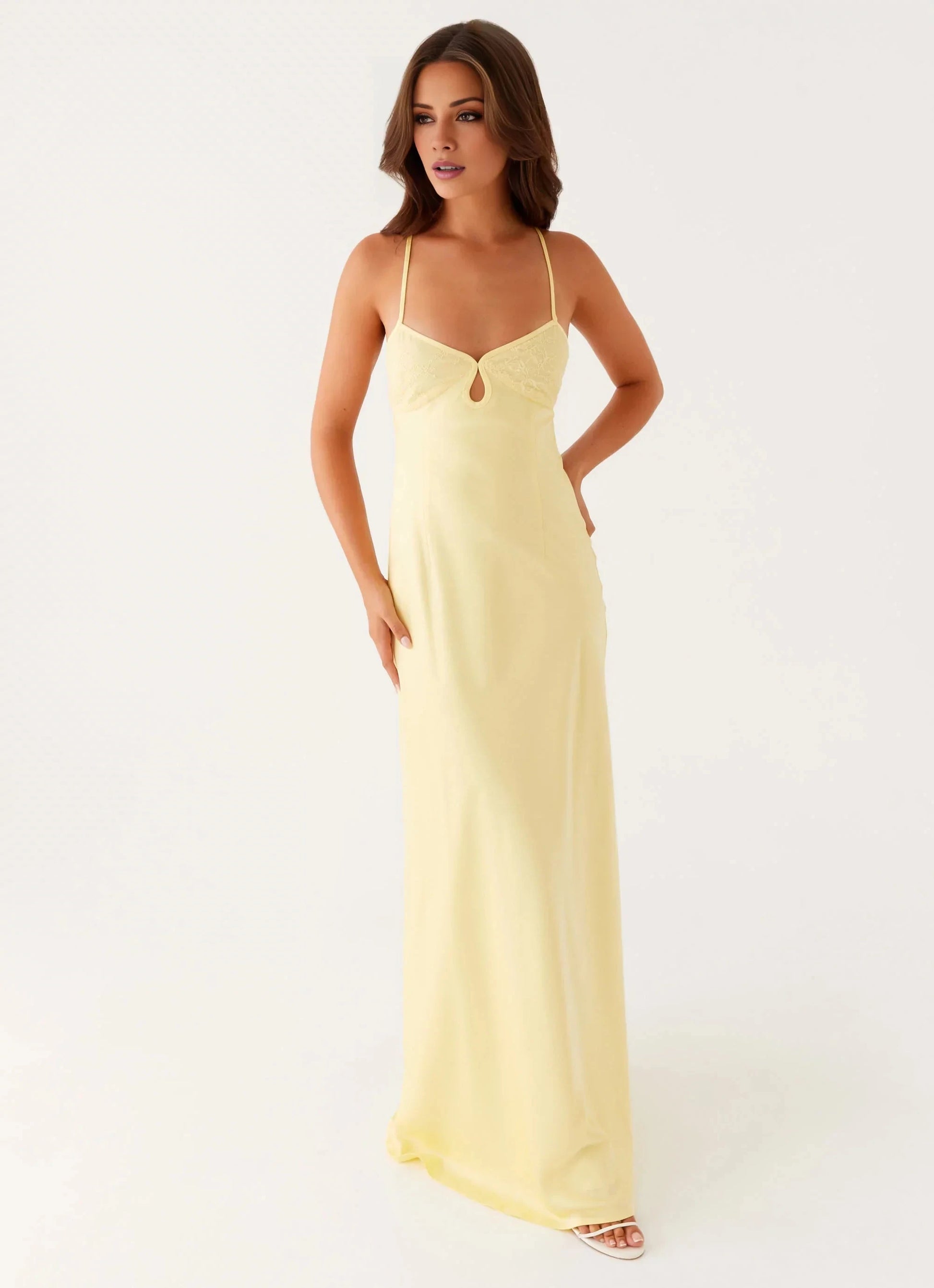 Dreamy A-Line V Neck Sleeveless Keyhole Cross-Back Floor-Length Prom Dress by YiHuiw