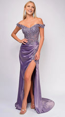 Dreamy Mermaid Off-Shoulder Neck Embroidered High-Slit Floor-Length Evening Dress