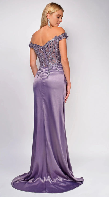 Dreamy Mermaid Off-Shoulder Neck Embroidered High-Slit Floor-Length Evening Dress by YiHuiw