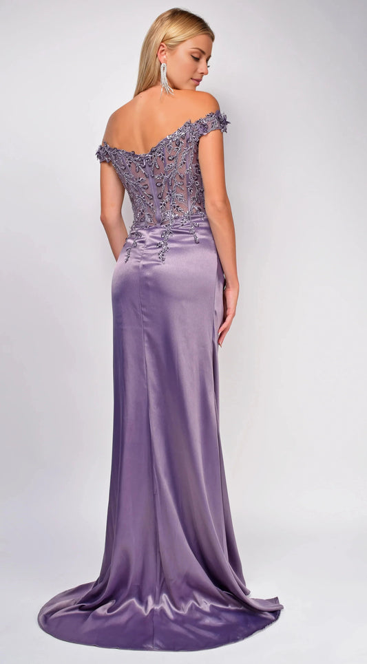 Dreamy Mermaid Off-Shoulder Neck Embroidered High-Slit Floor-Length Evening Dress by YiHuiw