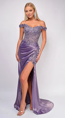 Dreamy Mermaid Off-Shoulder Neck Embroidered High-Slit Floor-Length Evening Dress